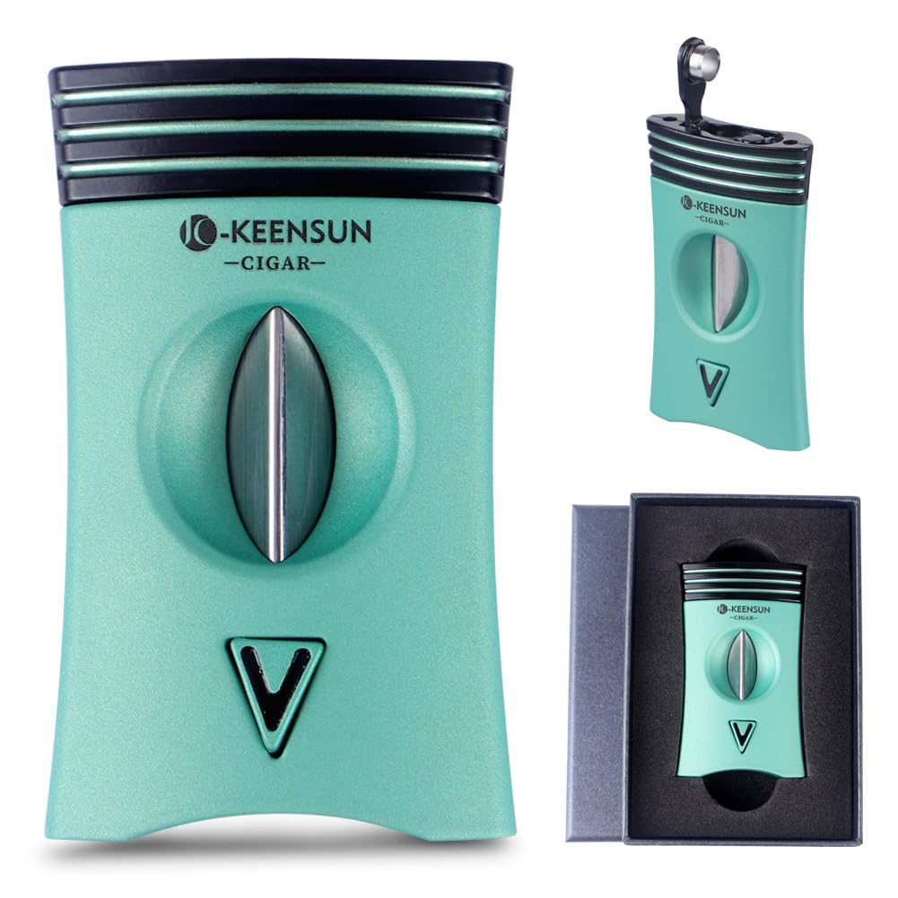 KEENSUN 3-in-1 Zinc Alloy V-Cut Cigar Cutter (Green) with Cigar Holder on The Back and Cigar Punch at The Bottom