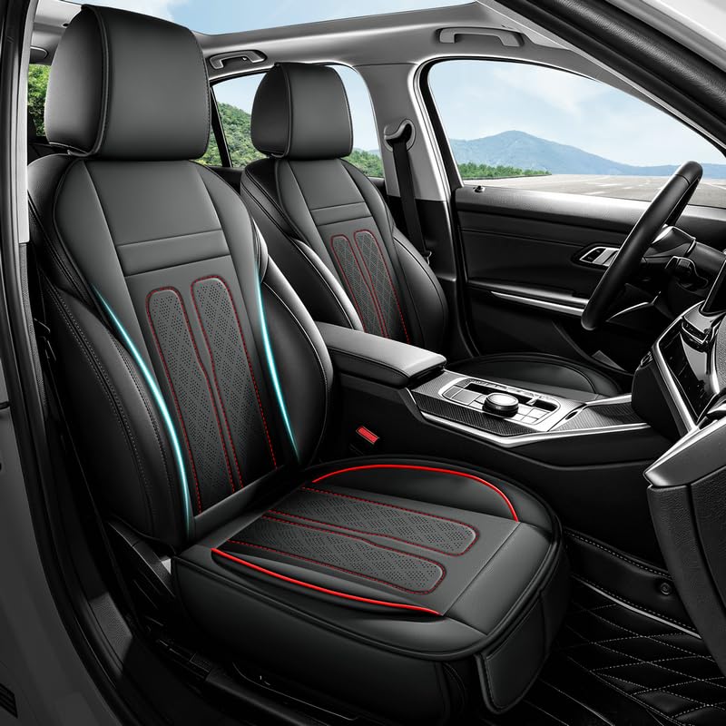 Leder Sitzauflage Auto Vordersitze, Universell Autositzbezüge, Atmungsaktiv & Anti-Rutsch, für Limousine/SUV/Pickup/Van – 1 Paar, Schwarz mit roter Linie