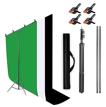 Boltove Green, White and Black Screen Backdrop 6x10 ft with Stand - 3 Packs 6x9FT Photography Backdrop with 1PC 6.5FT T-Shape Backdrop Stands, 4PCs Spring Clamps, 1PCs Carry Bag