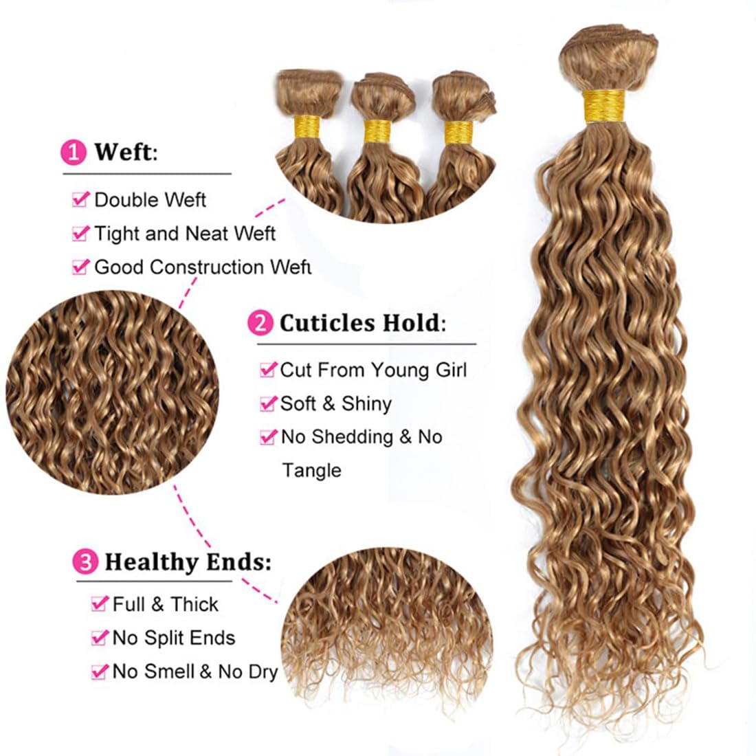 Water Wave Human Hair Bundles Echthaar Tressen Bündel Honey Blonde #27 Color Menschliches Haar Human Hair Extensions Double Weft Weave 50g/Piece 26 28 30 Zoll