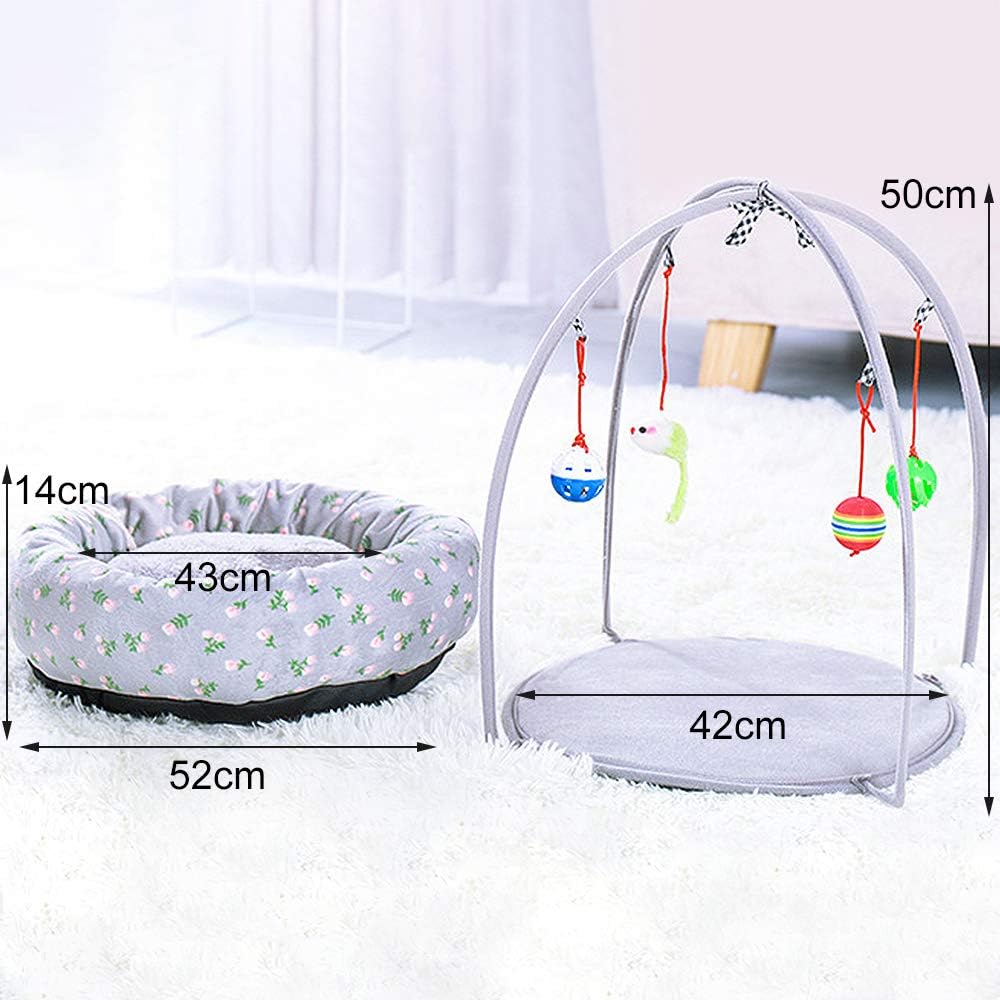 2Krmstr Round Pet Bed for Cats, Cat Play Mat with Hang Pendant, Self-Warming Cushion Bed for Cats and Dogs, Cat Tent Activity Center, Anti-Slip Bottom