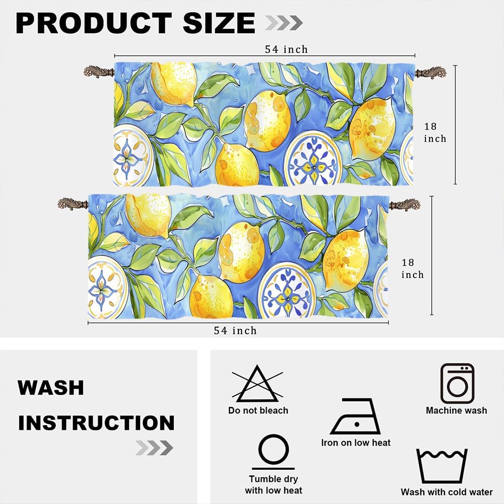 2 Panel Abstract Floral Lemon Watercolor Window Valances, Leaf Fruit Nature Window Treatment Decor Curtains Rod Pocket Valances for Kitchen/Living Room, 54" X 18"