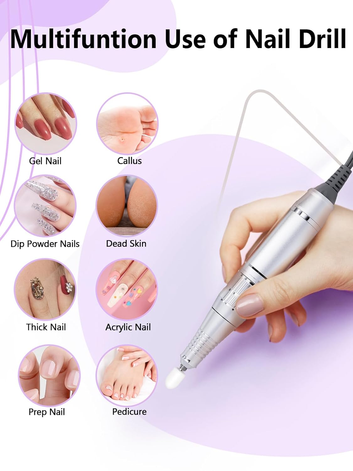 Electric Nail Drill Professional 50000RPM, Portable Nail File Drill Rechargeable with Bits Kit for Acrylic Gel Nails Polishing Removing, E-File Manicure Machine for Salon Home, Purple