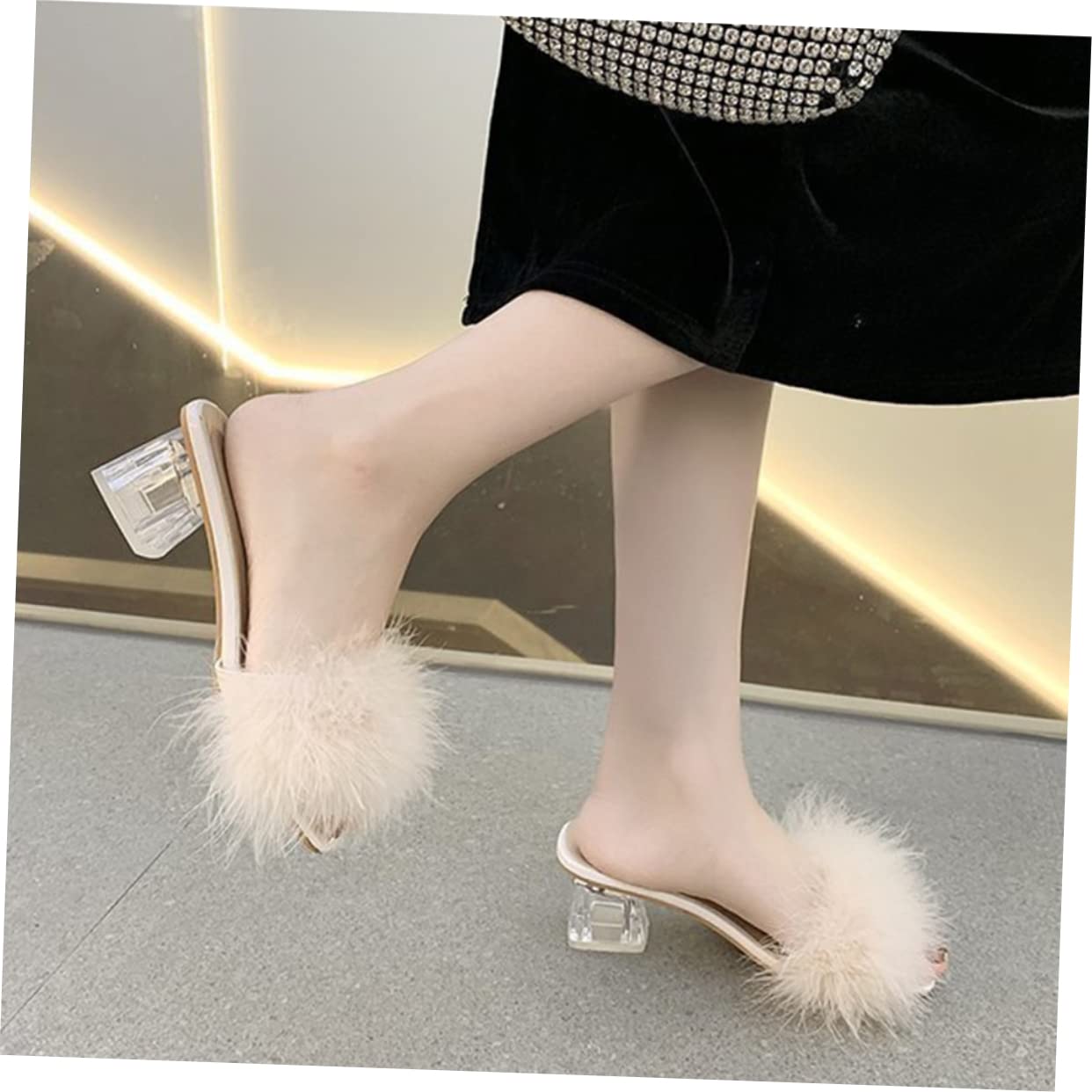 Ipetboom Pantuflas Peludas Tacón Transparente Talla 39 Beige para Mujer