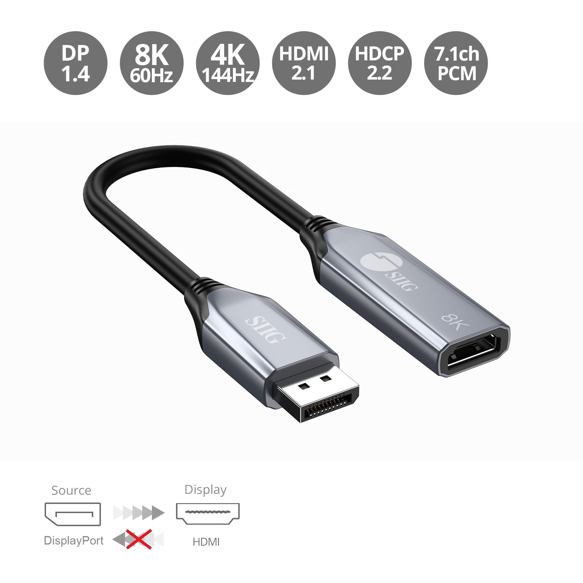 SIIG Adattatore attivo DisplayPort a HDMI 8K, ingresso video DP 1.4 a uscita HDMI, unidirezionale, supporta 8K 60Hz e 4K 144Hz con HDR e DSC, DP a HDMI Monitor Cable Adapter (CB-DP2611-S2)
