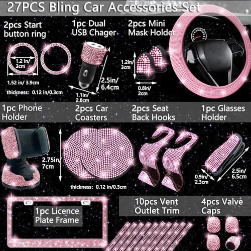 NBTEPEM 27-Piece Bling Car Accessories Set - Universal Fit Steering Wheel Covers, License Plate Frames, Phone Holder, Car Fast Charger, Coasters (Pink)