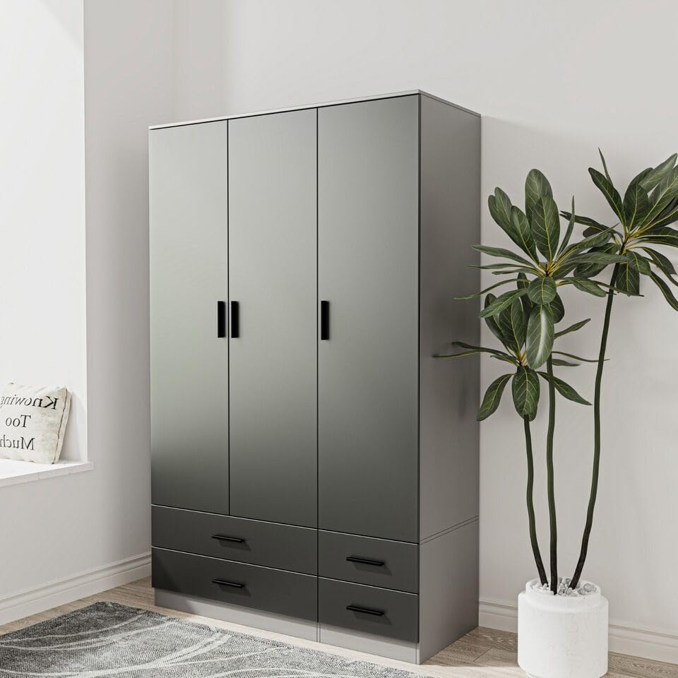 URBNLIVING Modern 3 Door 4 Drawer Wardrobe with Hanging Rail, Bedroom Furniture, Storage Shelf Clothes Organiser Stylish Design, Ample Storage Solution