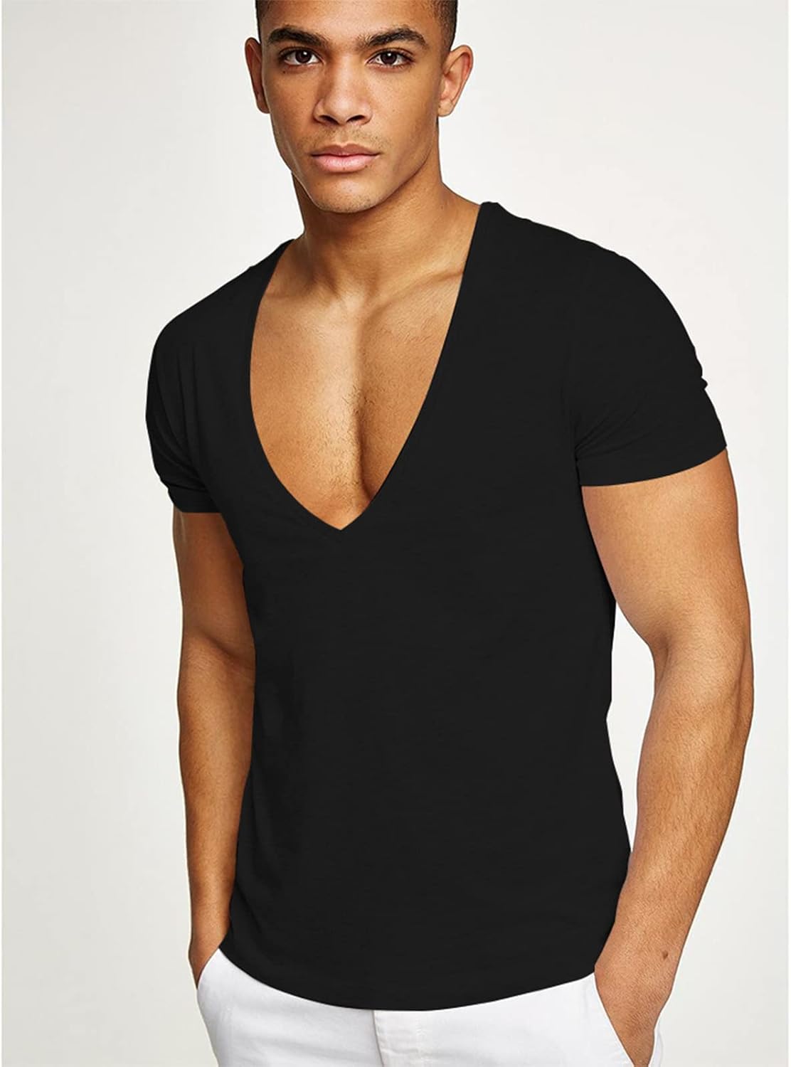 Rela Bota Mens Deep V Neck T Shirt Stretch Muscle Gym Workout Tee Shirt Short Sleeve Slim Fit Low Cut Tank Tops - Image 2