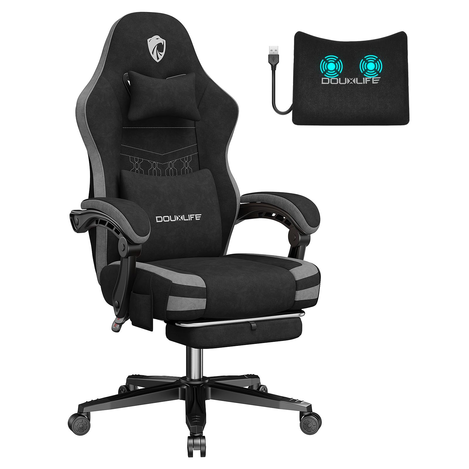 Douxlife Sedia Gaming Ergonomica, Sedia da Ufficio in Tessuto High-Tech,con cuscino primaverile, con Cuscino Lombare Massaggiante, Piedini metallici e Borsa Portaoggetti, Portata 158kg (Grigio)