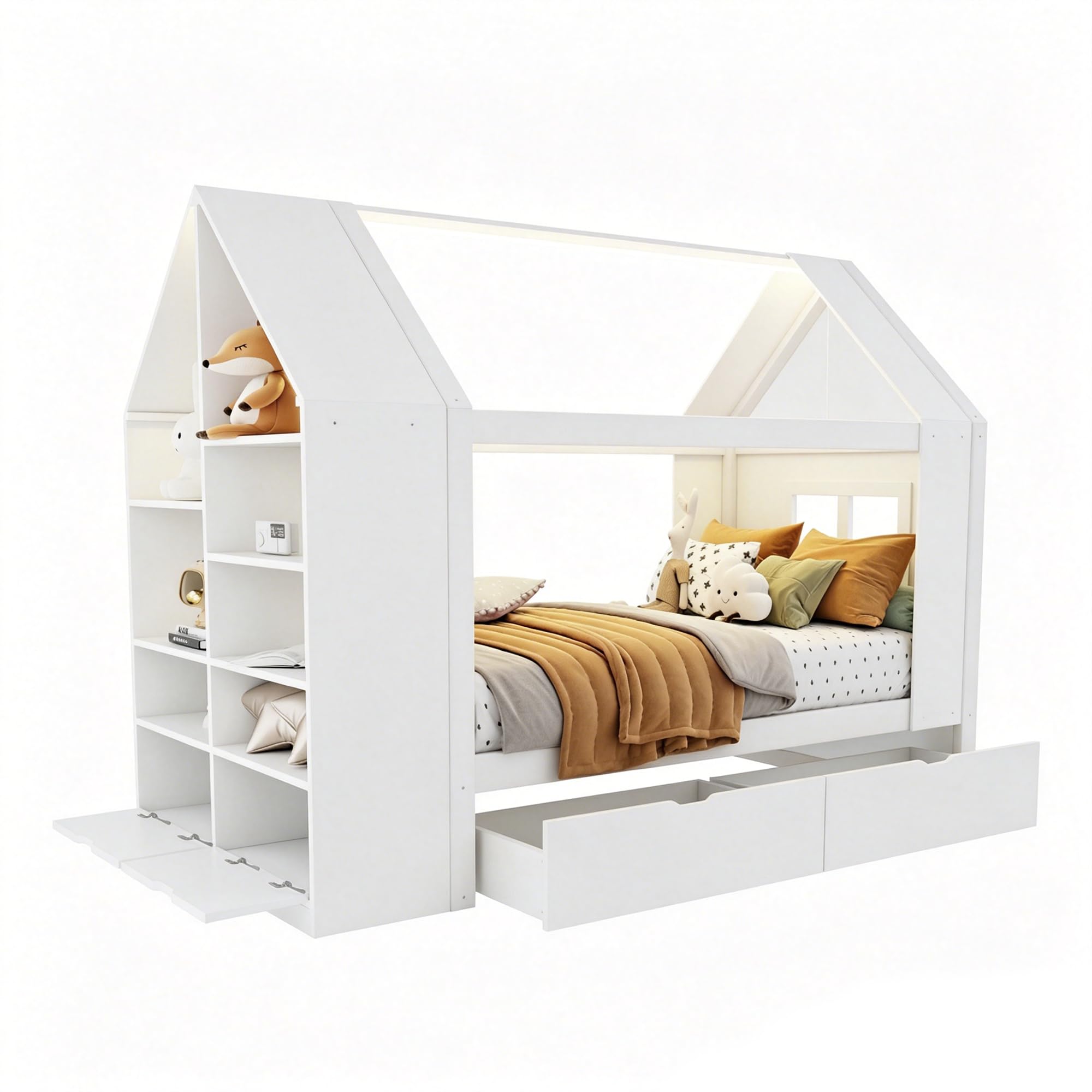 Kinderbett 90x200 Hausbett mit LED und Stauraum, Einzelbett mit Schubladen, Holzbetten für Kinder und Jugendliche, Massivholz Weiß