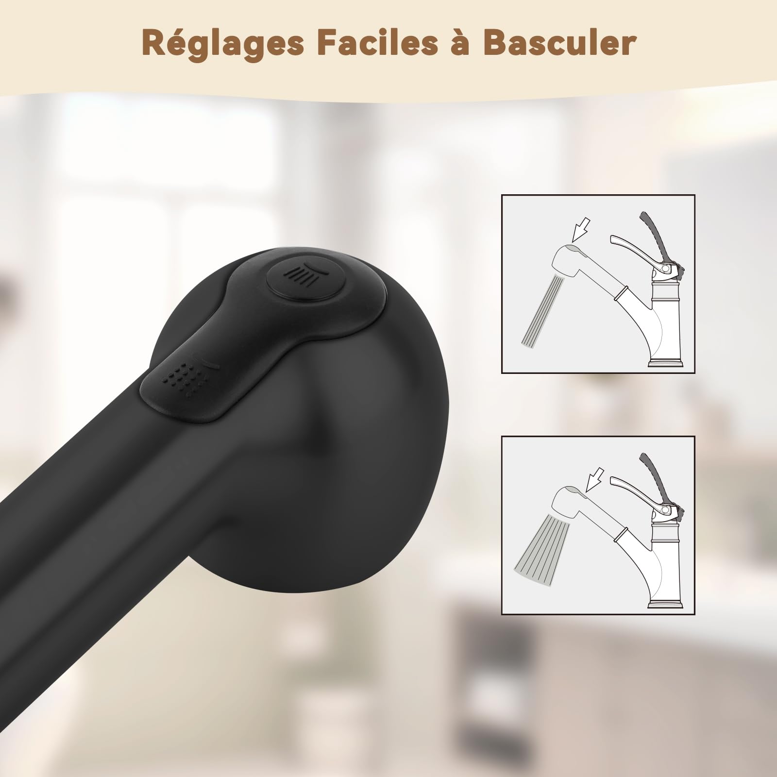 Hibbent Robinet Cuisine Douchette 2 Jets (Jet et Douche) Douche Remplacement Douchette pour Mitigeur Cuisine,Remplacement Pour Robinet de Lavabo ou Pomme de Douche Universelle, Noir Mat