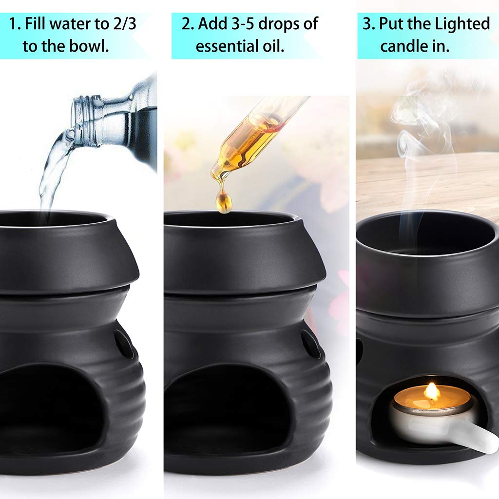 SUMNACON Lampada profumata in ceramica con portacandela, portacandela Kalebasse, lampada aromatica, diffusore di aromi, per olio profumato e cera profumata (nero)