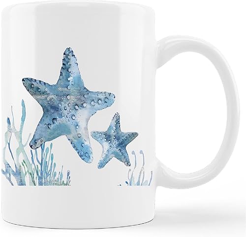kunlisa Taza de ceråmica con diseño de estrella de mar de acuarela, diseño de estrella de mar y estrella de mar, taza de 11 onzas, taza de té con
