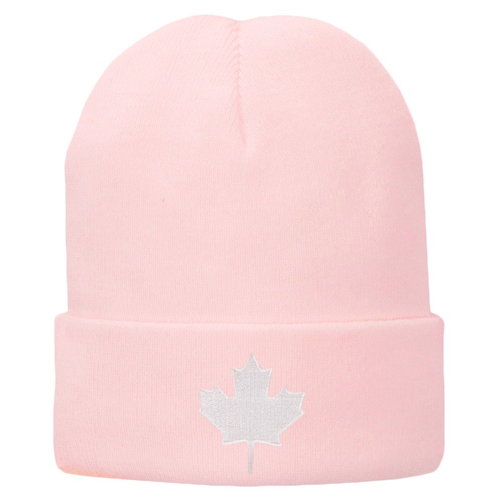 Canada Maple Leaf Embroidered Winter Cuff Long Beanie - White Flag - Pink