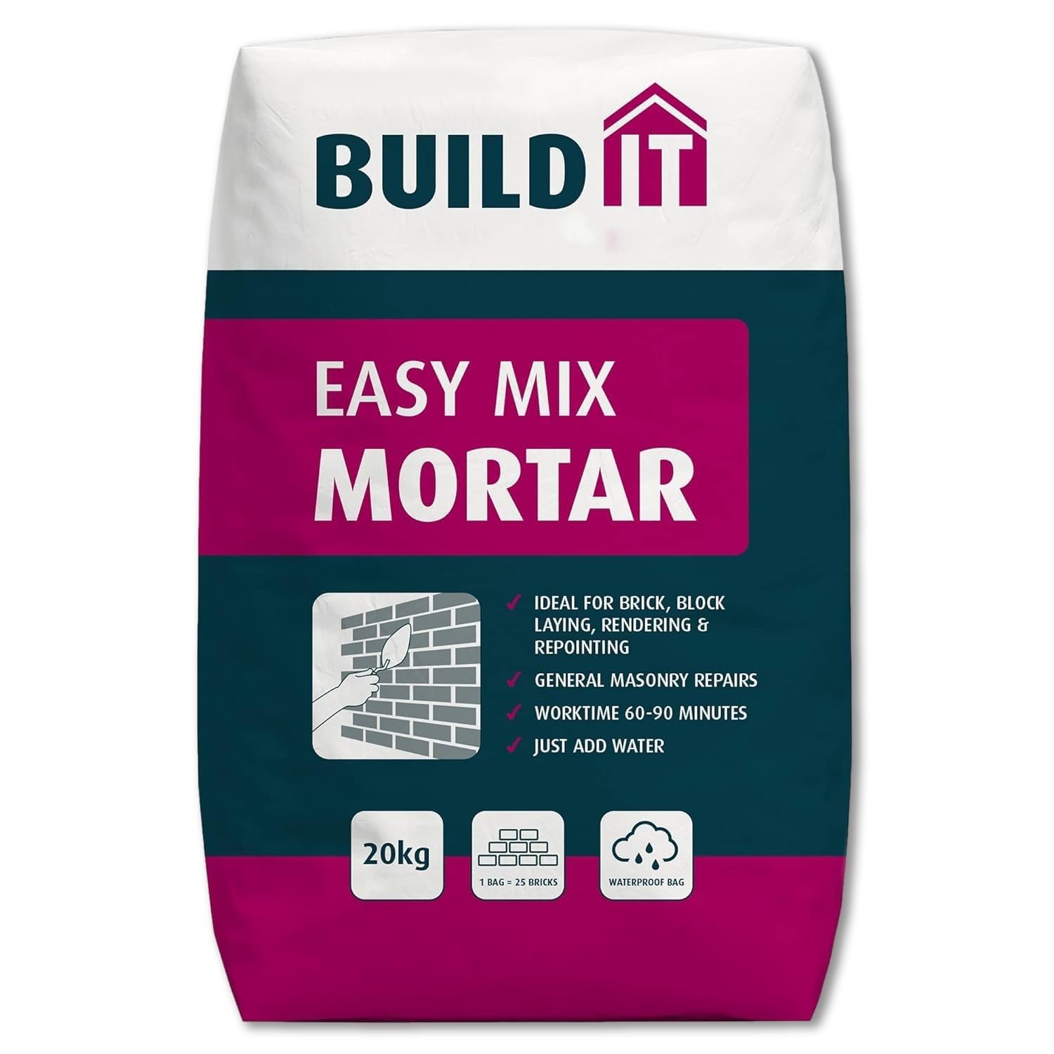 Easy Mix Mortar 20kg Ready Mixed Mortar for Bricklaying, Bedding, Patching & DIY Jobs Pre-Blended Cement Mortar for Indoors & Outdoors Just Add Water, Easy to Apply