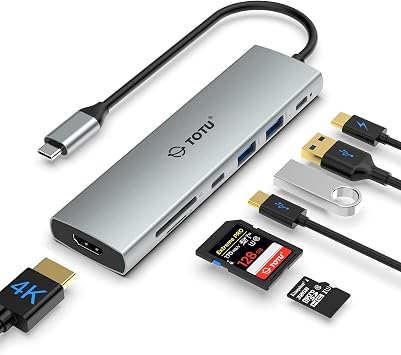 TOTU 7 في 1 نوع C محور 4 K HDMI، 2 x USB 3.0، 1 x USB C PD، قارئ بطاقة SD/TF، 90 W USB-C PD لأجهزة الكمبيوتر المحمولة ماك بوك & نوع C