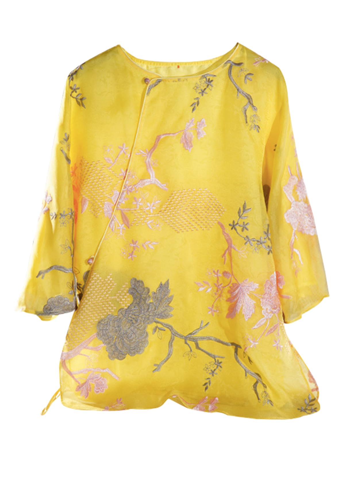 HangErFeng Blouse en soie brodée col rond jaune 323