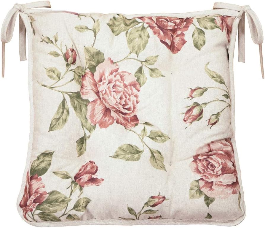 Soft Cotton Floral Chair Cushion with Ties in French Country Style, 15'' x 15'', Pink Rose