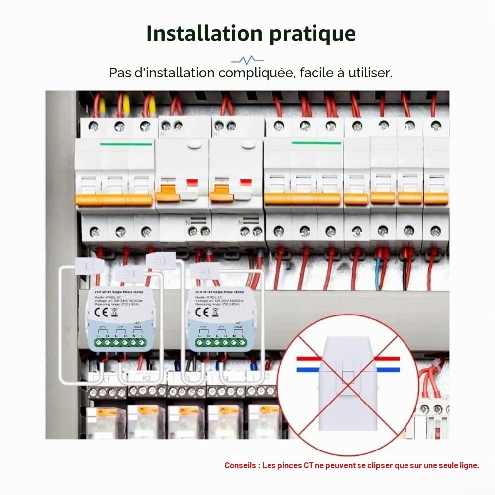 Compteur d'énergie intelligent WiFi, moniteur de consommation électrique bidirectionnel à double canal 80 A pour application Tuya pour des données détaillées d'utilisation horaire à annuelle