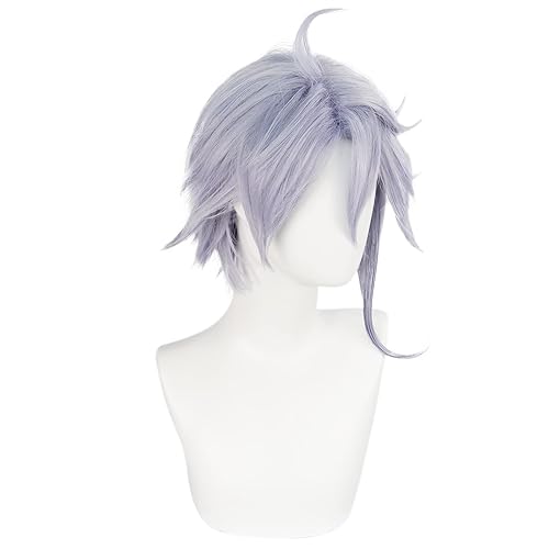 Miniatura 4 de JoneTing Azul Ashengrotto Peluca + Gorro para el cabello Peluca gris púrpura Anime Cosplay peluca sintética corta púrpura claro ondulado pelucas