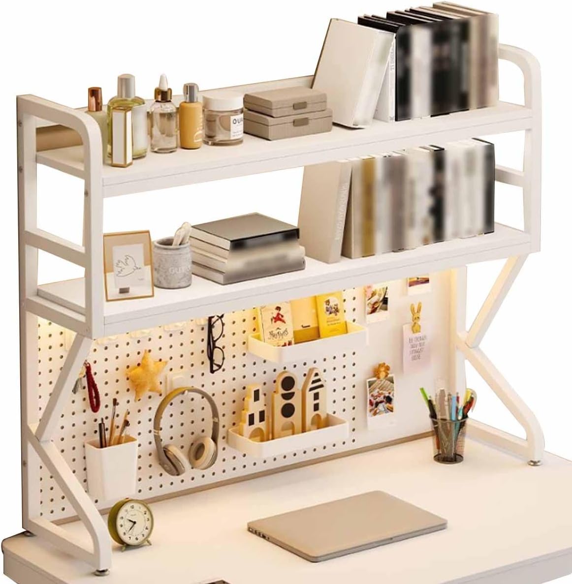 Grid wall Panel Display wall Grid Grid wall Panels Standing Wire Grid for Retail Display,2 Tier Metal Desktop Bookshelf with Pegboard for Living Room Home Office Dorm Industrial Style Desk H