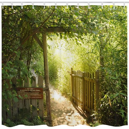 Qucarder Cortina de ducha con diseño de bosque de bambú verde, valla de madera abierta, cortina de baño impermeable para decoración de baño con 12 ganchos, 72 x 72 pulgadas