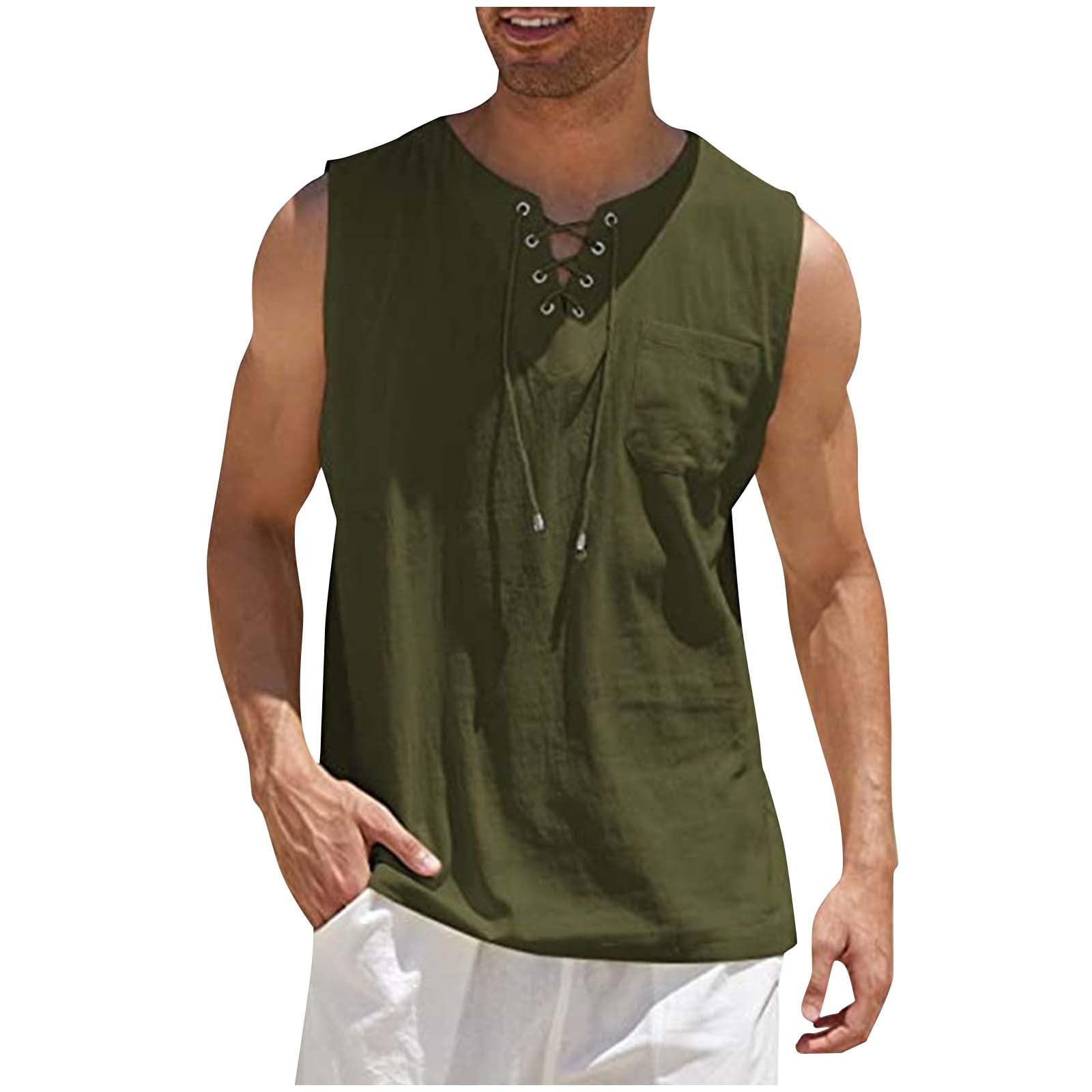 Mens Cotton Linen Tank Top Casual Sleeveless Lace Up Beach Hippie Tops Bohemian Renaissance Pirate Shirts with Pocket