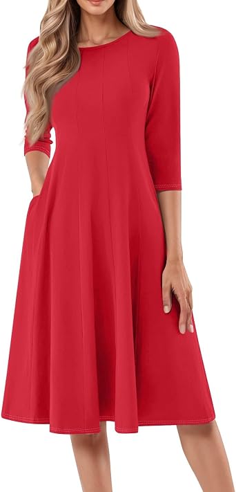 TWGONE 3/4 Sleeve Fit and Flare Dresses for Women Solid Color A Line Flowy Dress Crew Neck Casual Midi Dress with Pockets