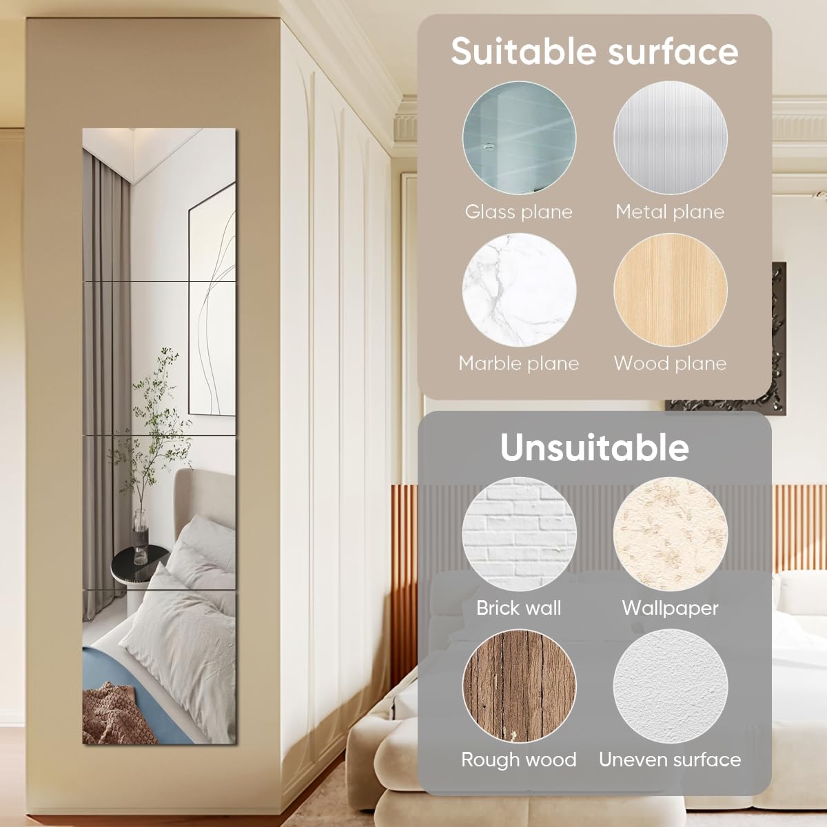 4 adesivi a specchio in acrilico a tutta lunghezza per pareti, 35 x 35 cm, piastrelle a specchio HD senza vetro, sicure e infrangibili, da montare a parete, specchio adesivo per trucco, casa