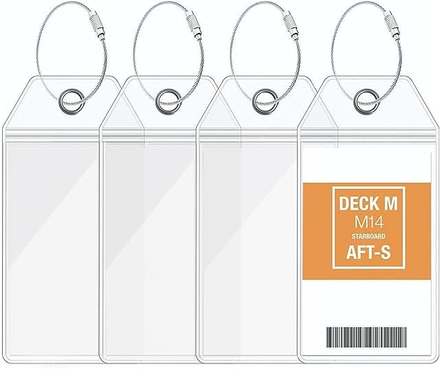 Luggage Tag Holders, Clear Waterproof PVC Pouch with Zip Seal & Steel Loops, for Cruise Trip Vacation Accessories Luggage Suitcases Holders ID Labels Suitcase Tags (4PCS)