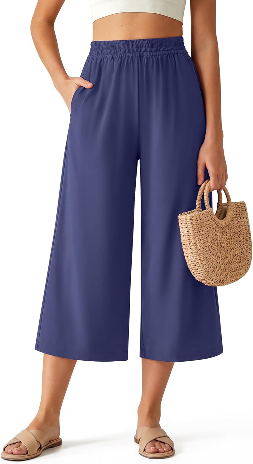 G4Free Chillwhisp Flowy Capri Pants for Women Lightweight Wide Leg Cropped Pants Elastic Waist Palazzo Capris for Beach
