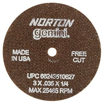 Norton Gemini Fast Cut Small Diameter Reinforced Abrasive Flat Cut-off Wheel, Type 01, Aluminum Oxide, 1/4" Arbor, 3" Diameter x 0.35" Thickness Pack of 25