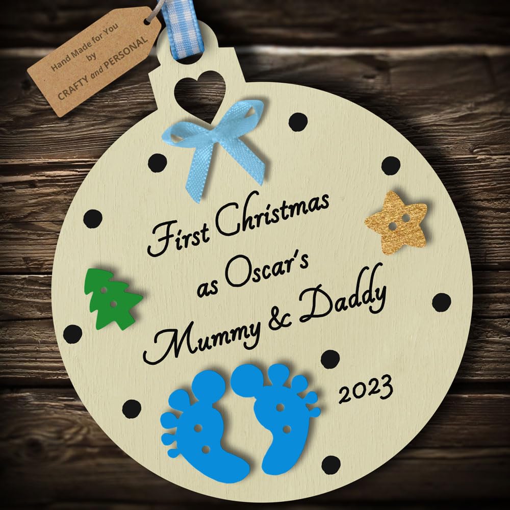 Multi-Colour Personalised First Christmas as Mummy and Daddy Bauble tree decoration wooden hanging ornament keepsake gift for parents babys 1st Christmas (Ivory #3)