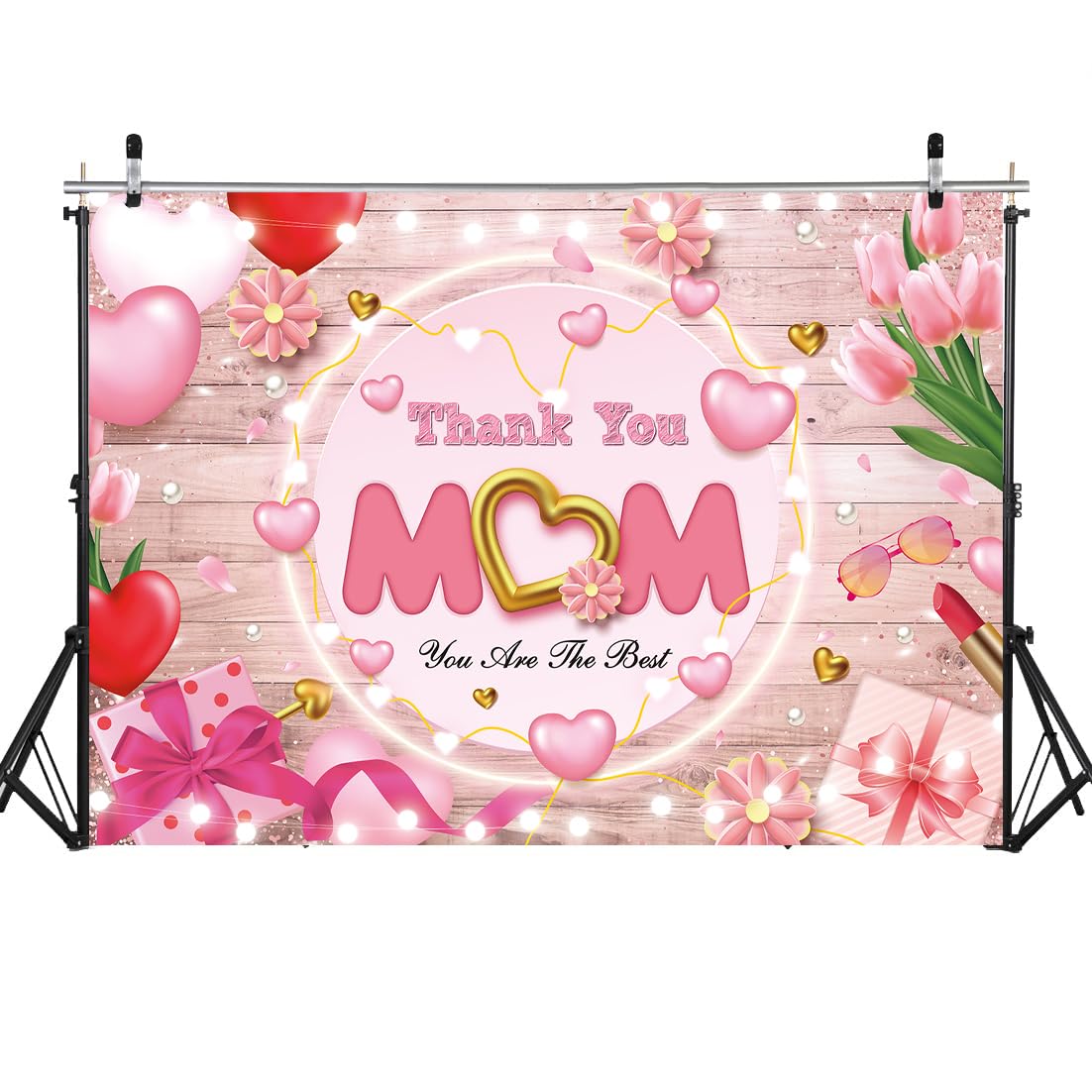 Muttertags-Hintergrund 2,1x1,5 M – Rosa Blumen, „Happy Mother's Day“, Fotohintergrund