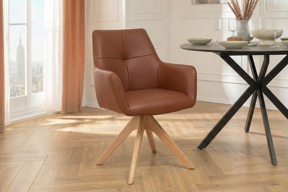 Riess Ambiente Drehbarer Design Stuhl ALMARA - braun - Stuhl mit Echtleder Bezug, Eiche - 360° drehbar, Auto-Return