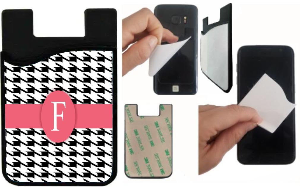 Island Gifting - Letter F Monogram - Houndstooth Dogtooth Rose Pink on Black Design - Stick-on ID Card Holder for iPhone/Galaxy/Google Android Cases