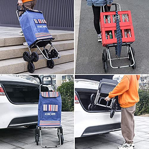 Kanchimi Shopping Cart with Wheels,220 lbs Heavy Duty Cart for Stair Climber Cart,2in1 Foldable Grocery Cart with 50L Shopping Bag,Utility Cart with 360°Rotating Handle&Adjustable Elastic Rope(Blue)