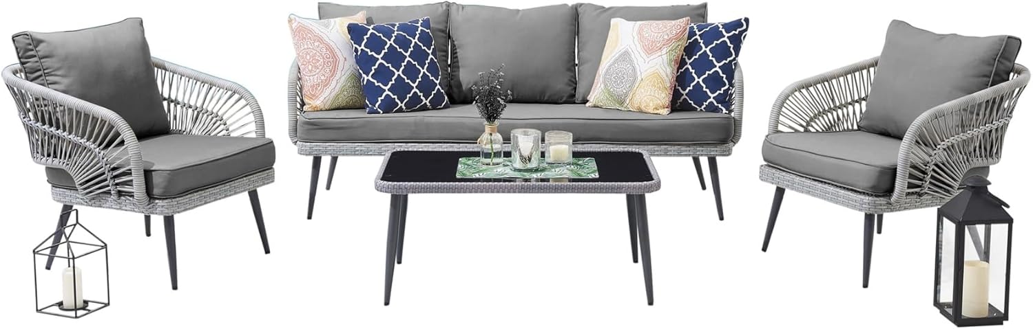 Manhattan Comfort Riviera 4-Piece 5 Seater Patio Conversation Set with Cushions, Grey