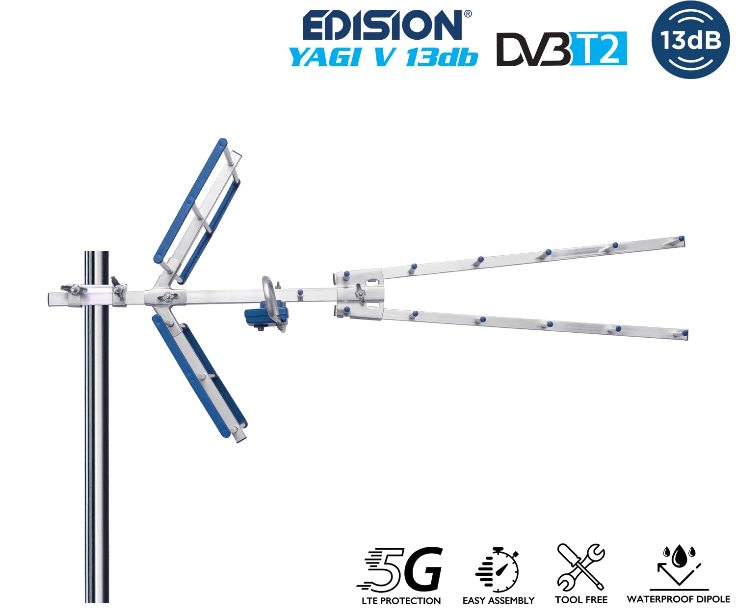 EDISION YAGI V 13db Antenna TV Digitale Terrestre UHF 21-48 esterno, con filtro 5G LTE, per Ricezione il segnale Digitale Terrestre DVB-T/T2, Frequenze 470-694Mhz, Lunghezza 87cm, LTE700, Blu