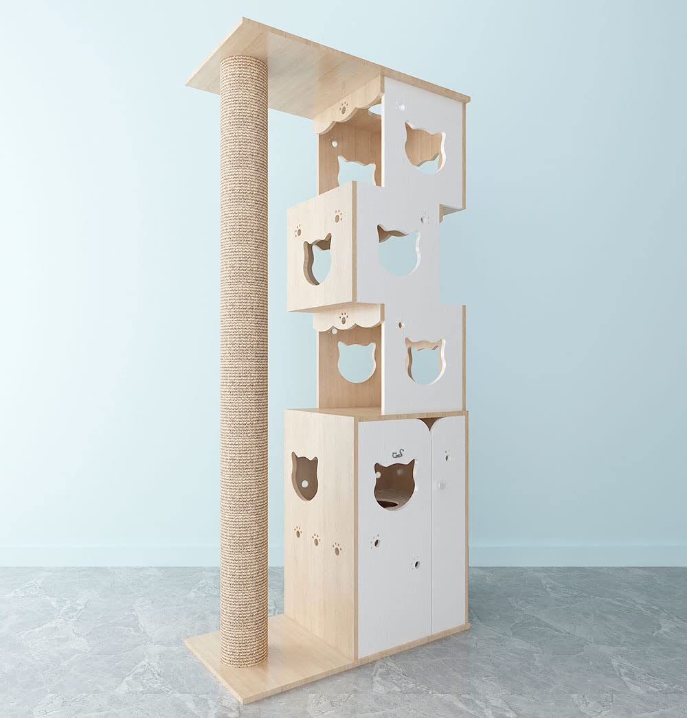 CatS Design drapak i kuweta dla kota 2 w 1 dąb biały szlachetny, stabilny, z szafką dla kota