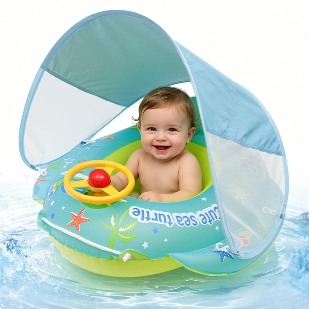 RNPKZ Baby Swimming Float, Baby Pool Float, Baby Float with Sun Canopy & Seat, Baby Swimming Ring, Inflatable Baby Swim Float, Baby Inflatable Seat Swimming for 12-48 Months Toddler Kids (Blue)