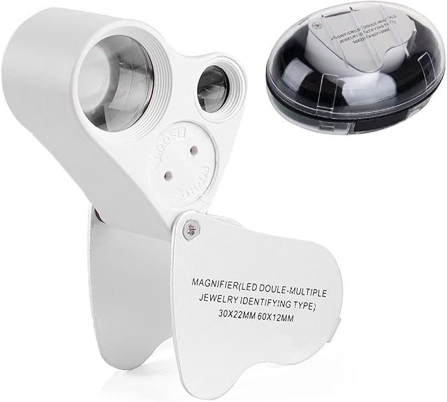 Jewellers Loupe, Teoyall 30x 60x Illuminated Jewelry Magnifying Glass Magnifier with Double LED Lights for Gems Jewelry Rocks Stamps Coins Watches Hobbies Antiques Models Photos (White)
