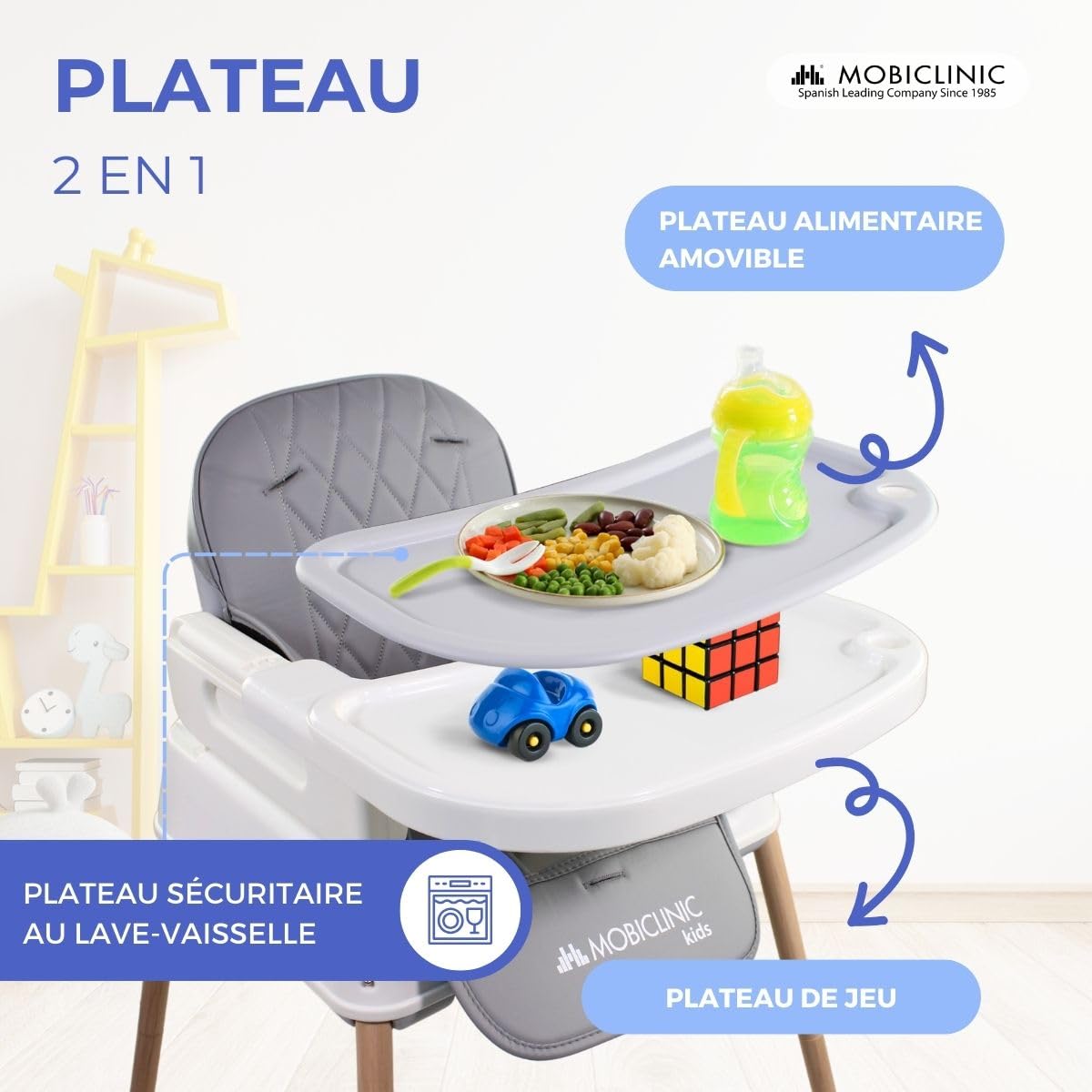 Mobiclinic® kids, Chaise haute bébé évolutive, 3 en 1, Kiara, Rehausseur + de jeux, Pliable, Harnais à 5 points, Plateau réglable, 6-36 mois, Jusqu'à 15 kg, Imperméable