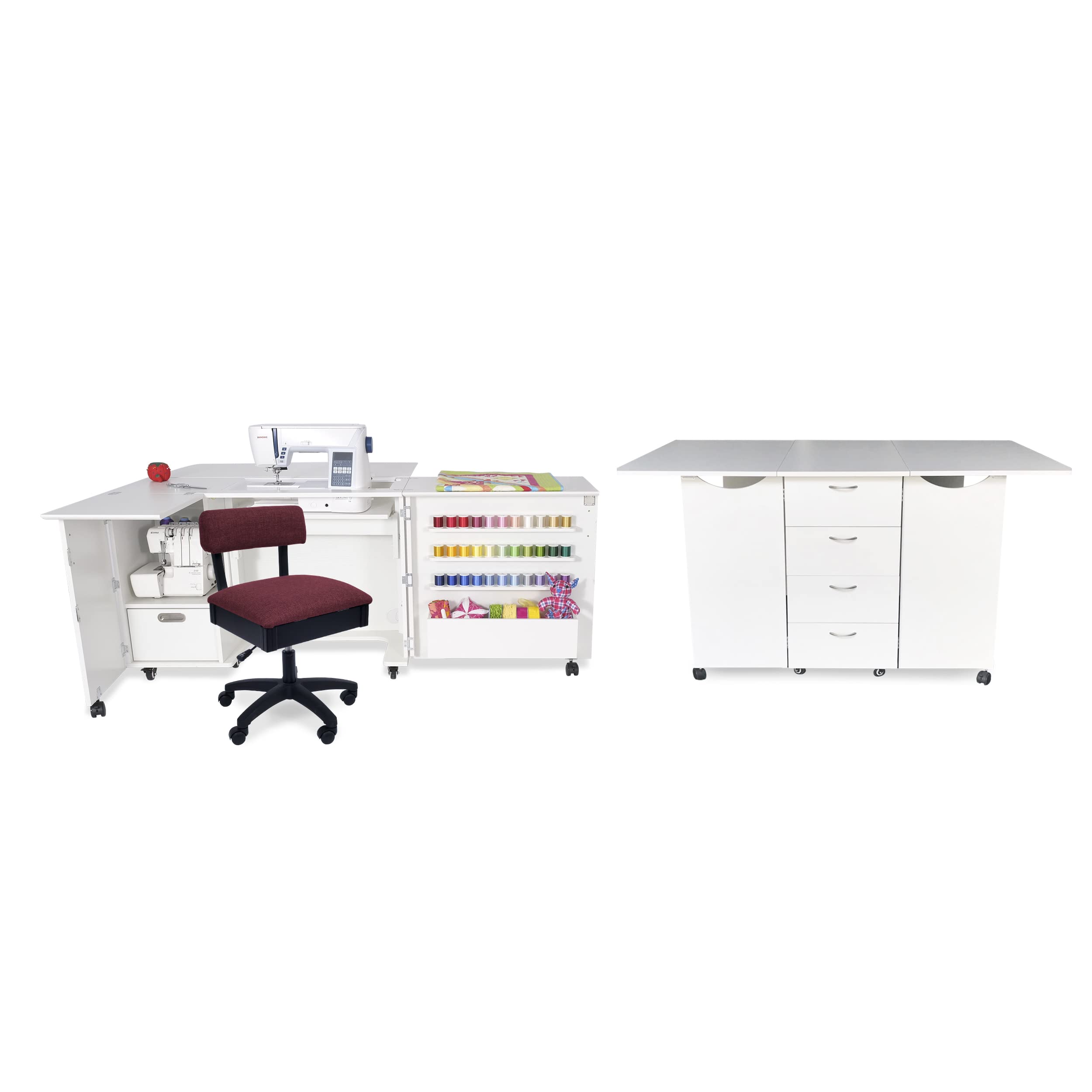 Arrow SewingCABINETS Ash White Kookaburra with Wallaby, Mat and Crown Ruby Hydraulic Chair