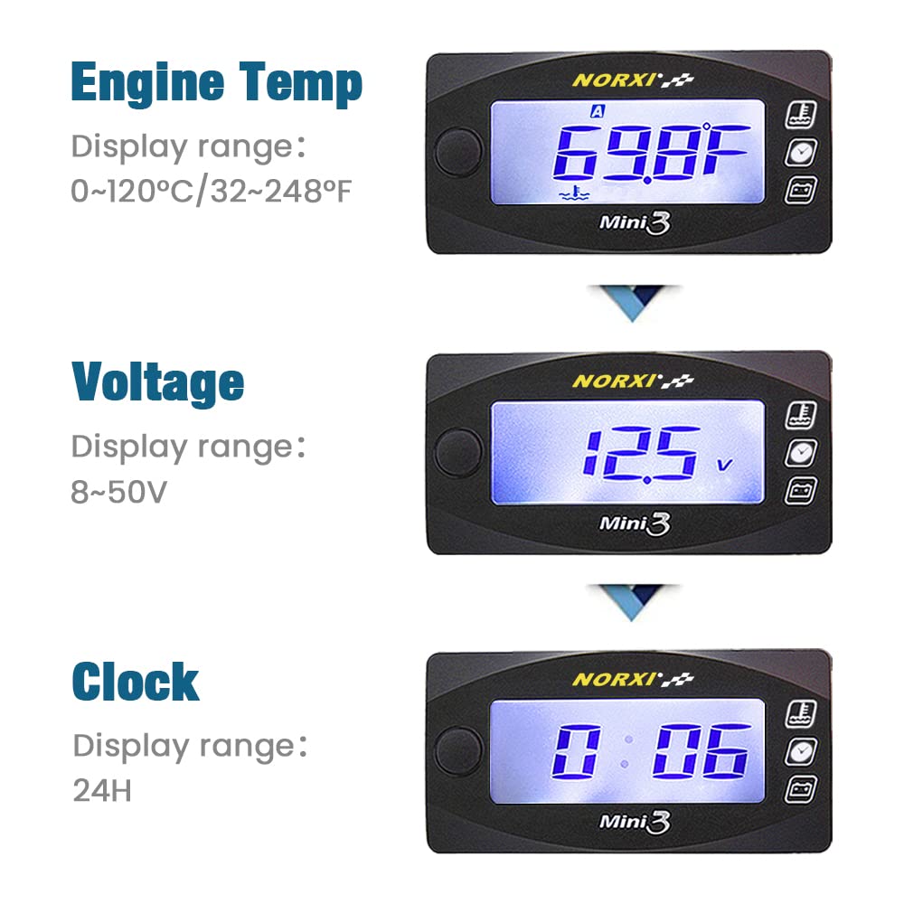 Universal 3in1 Multifunction Gauge (Cylinder Head Thermometer+Voltmeter+Timer) Fahrenheit/Celsius(?/?) Engine Temperature Gauge Digital Voltage Meter Clock Multimeter for Motorcycle Car (14mm, Left)