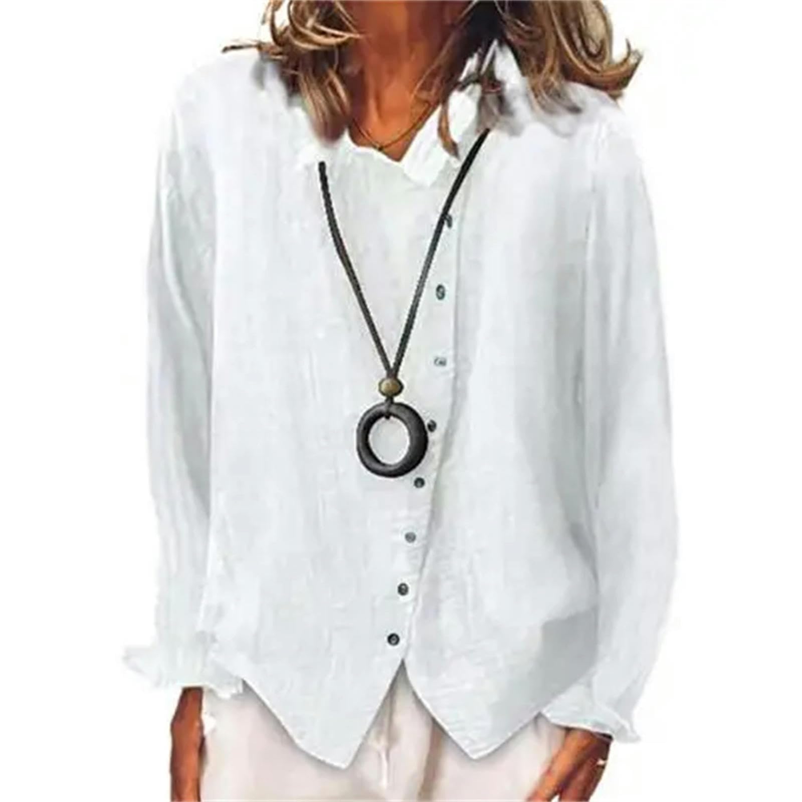 Camicia Donna Elegante Camicie Casual di Colore Solido Donne Camicie in Lino A Maniche Lunghe Autunnali per Donne Tunic Top Ladies Camicie-Bianco-2Xl