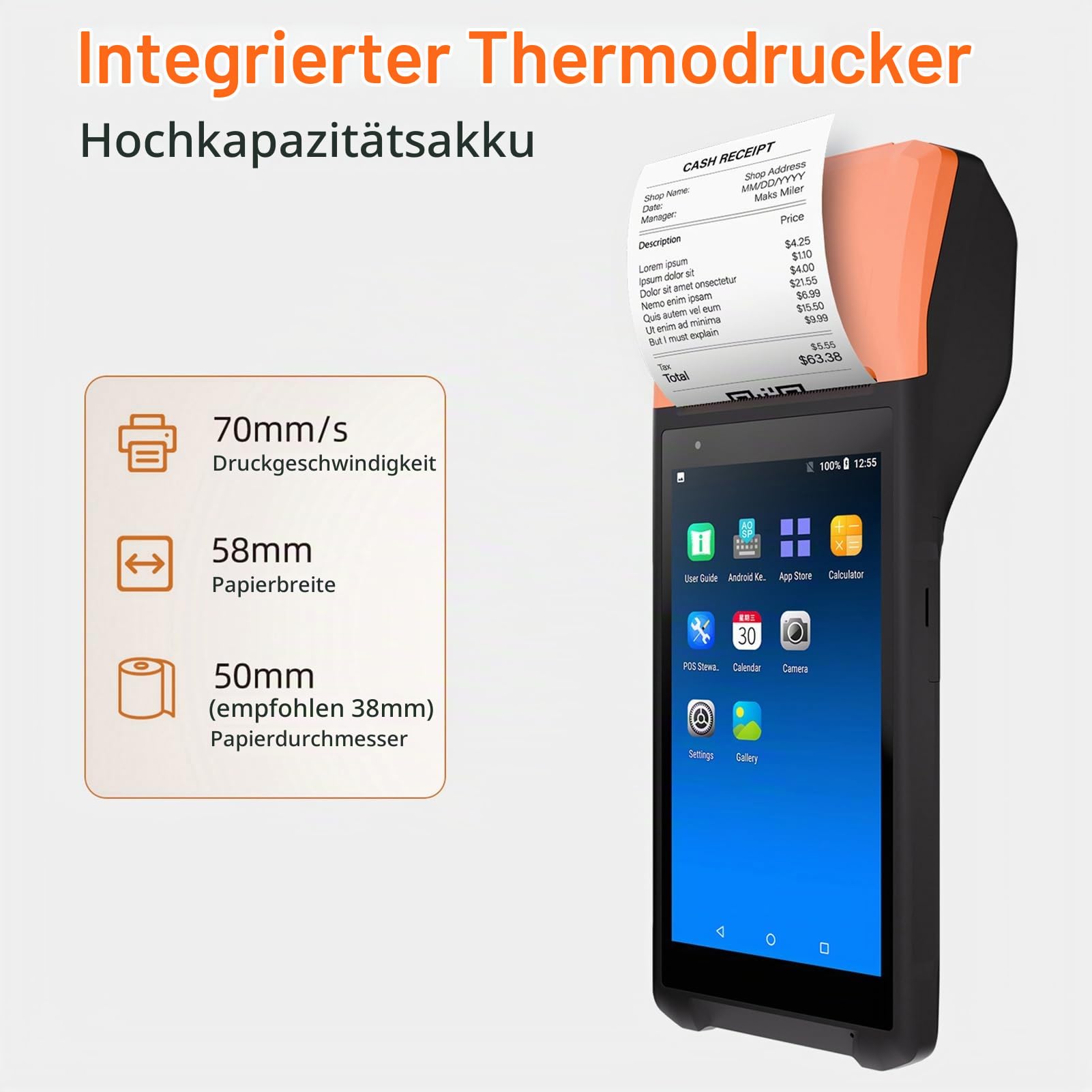 Tragbares POS-Terminal 11.0, 5,5-Zoll-Touchscreen-PDA-Scanner, Kompaktes Design für die US-Lagerlogistik (EU-Stecker)
