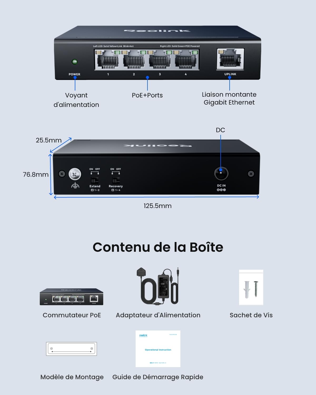 Reolink PoE Switch 4+1 Ports Gigabit, jusqu'à 30 W par Port, Adaptateur 65 W pour la Maison et l'entreprise, Alimentation IEEE-802.3af/at PoE+, Mode récupération et Extension, RLA-PS1E