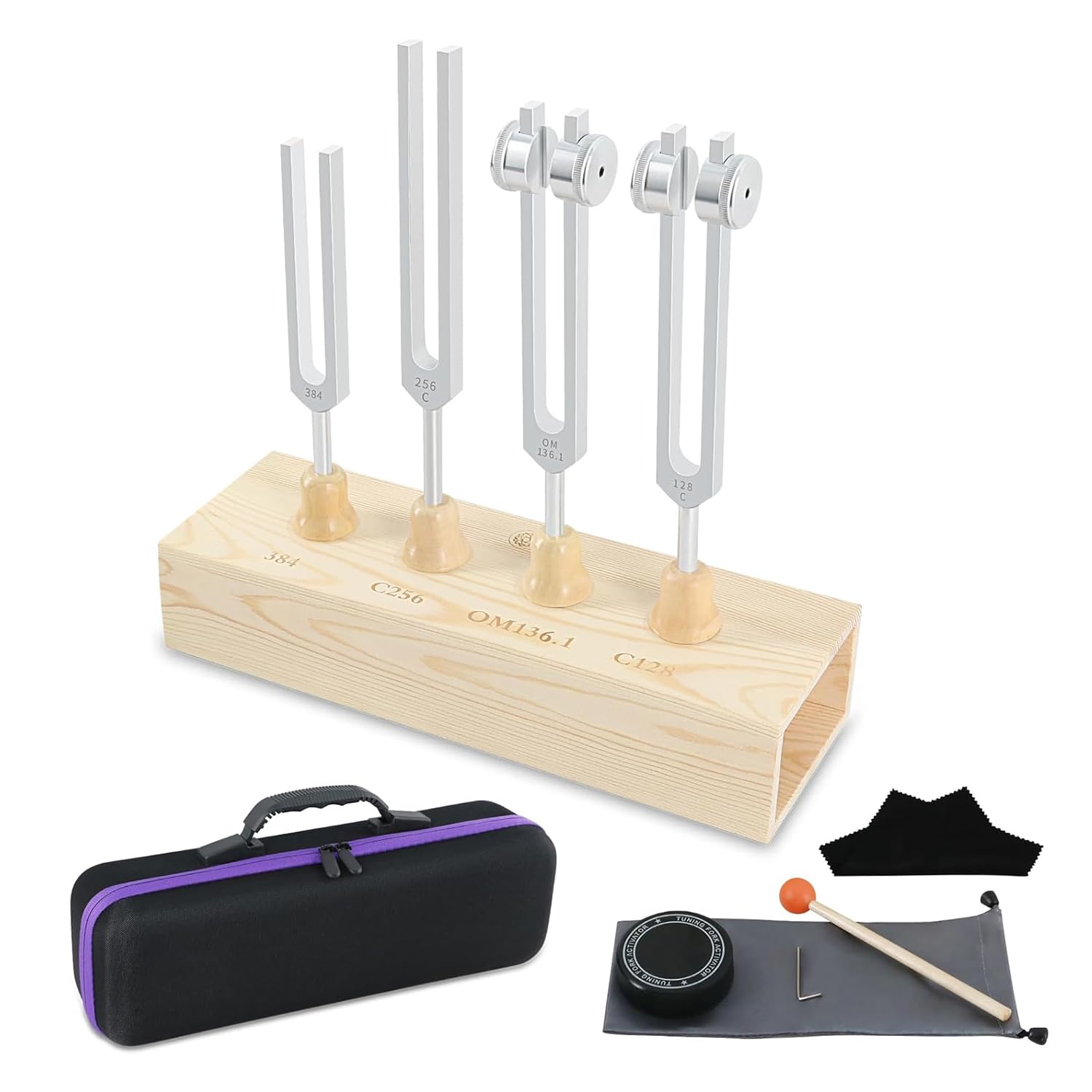 NEWFUN Stimmgabel,Stimmgabel Neurologie,4er Set (128 Hz, 136.1 Hz, 256 Hz,384 Hz), für Klangtherapie Gewichtete Stimmgabel Geeignet für Meditation, Anti-Kompression