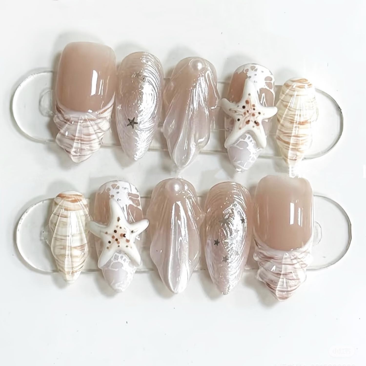 Photo 1 of [MINOR DAMAGE] 3D Ocean Starfish Press on Nails Long Almond Fake Nails Shell French Tips Glue on Nails White Laser with Pearl Design Summer Beach False Nails Full Cover Handmade Stick on Nail for Women Decor